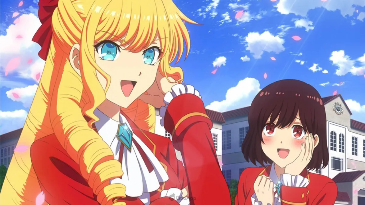 A blond girl with huge ringlet curls looks brightly while a brunette girl looks on at her with adoration in her eyes.